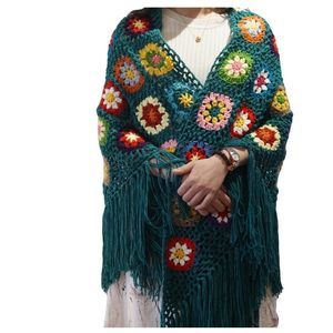 Handmade Crochet 70x34in Fringed Poncho Cape Shawls Wraps Granny Square Womens🖖
